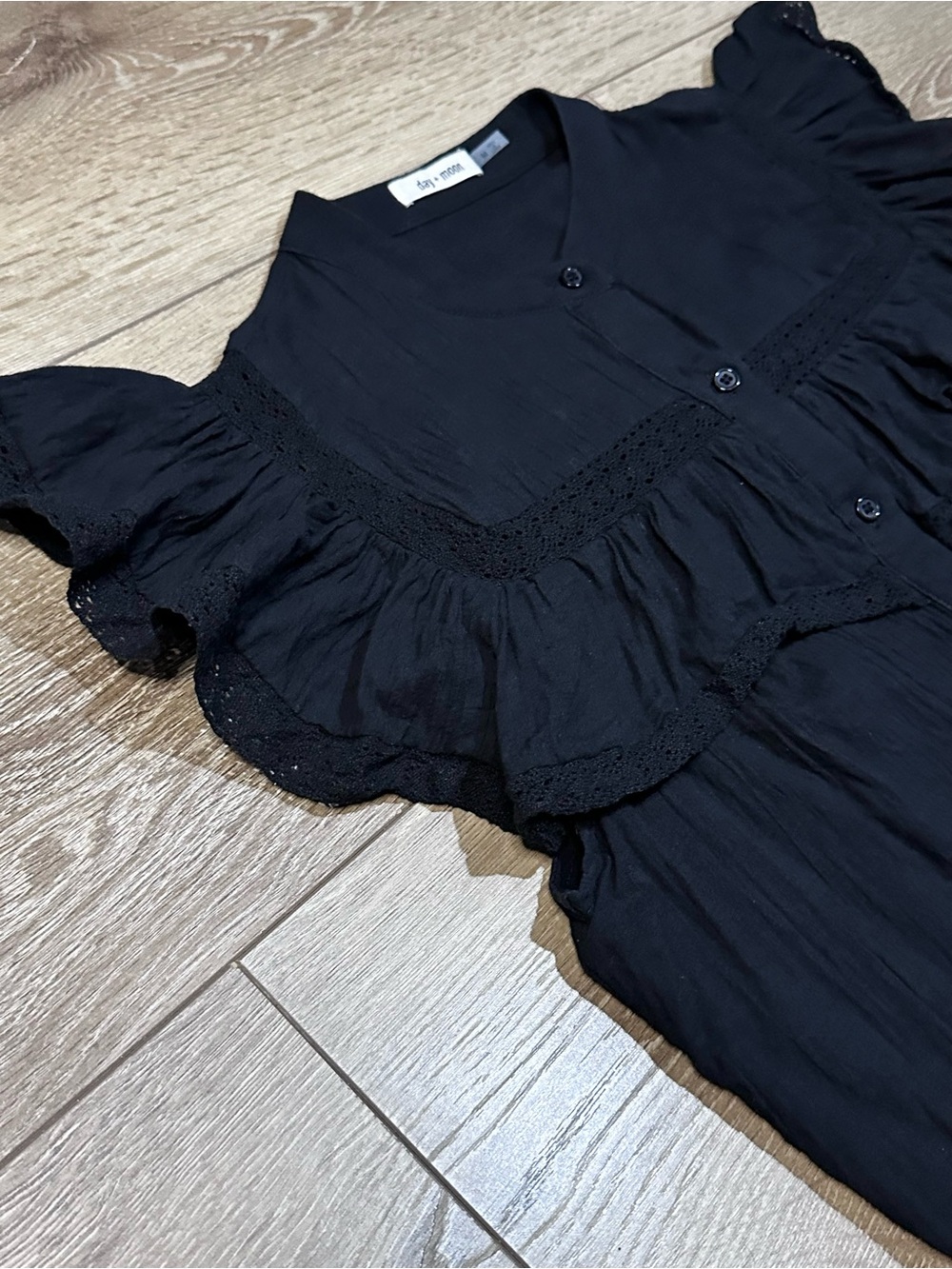 Day + Moon Button Up Flutter Sleeve Ruffle Whimsigoth Top Crochet Detailing - Picture 8 of 15